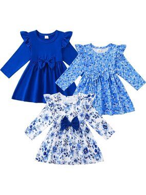 Adorable 3-Pack Toddler Baby Girl Bow Dresses - Long Sleeve Cute Outfits